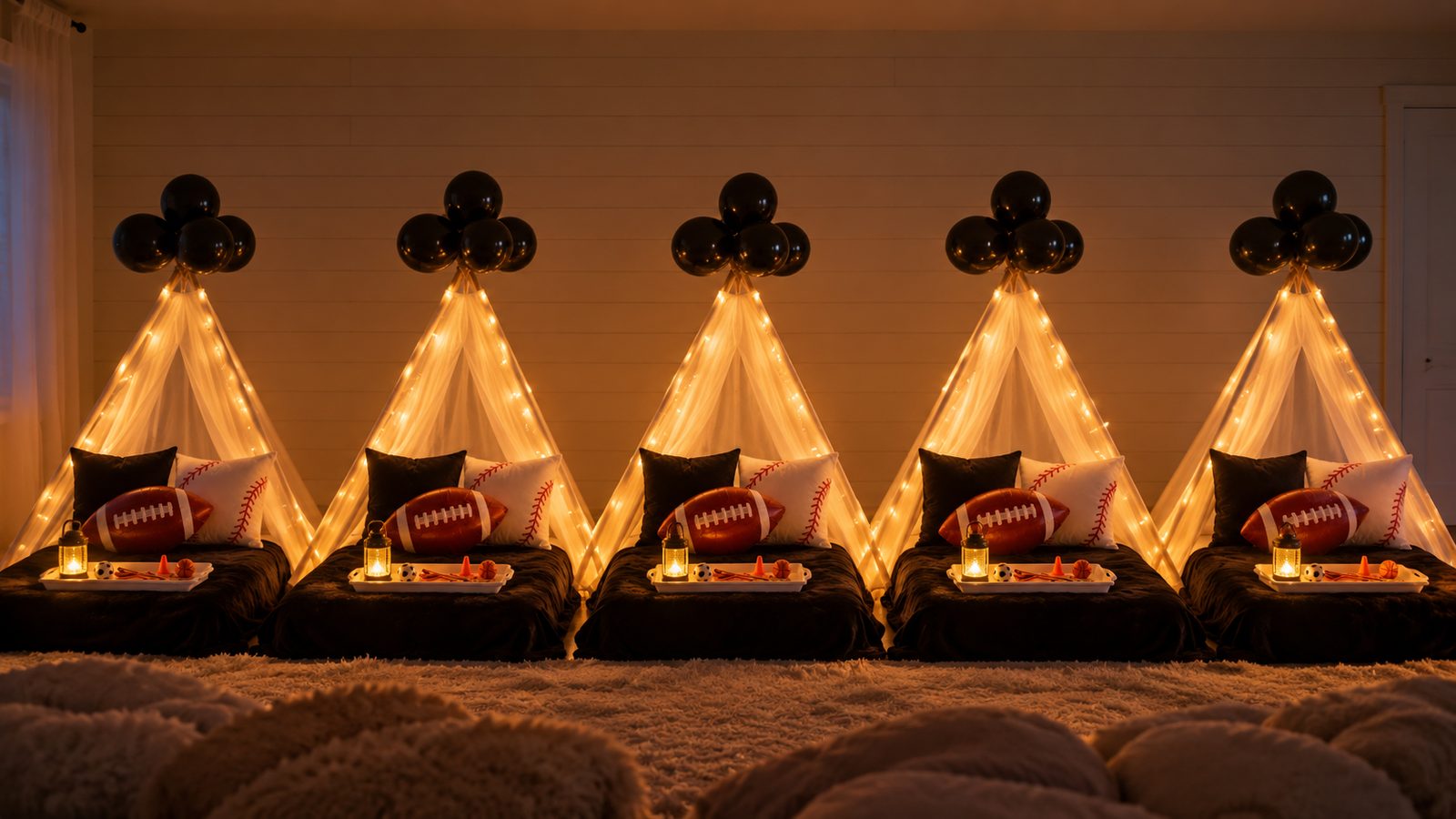 Glowing teepees at night